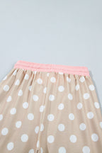 Khaki Polka Dot Contrast Trim Long Sleeve Top Drawstring Shift Pants Set
