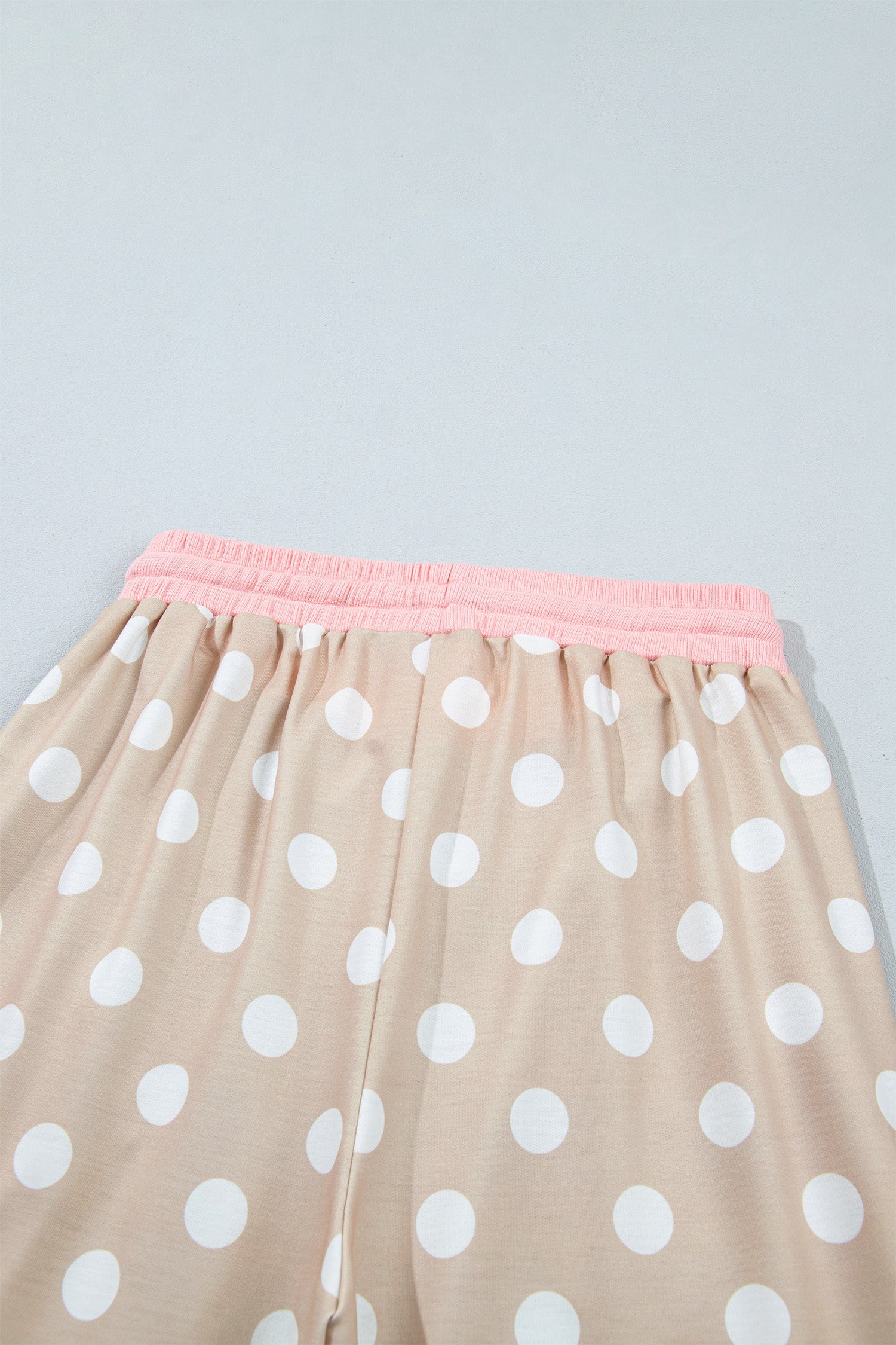 Khaki Polka Dot Contrast Trim Long Sleeve Top Drawstring Shift Pants Set