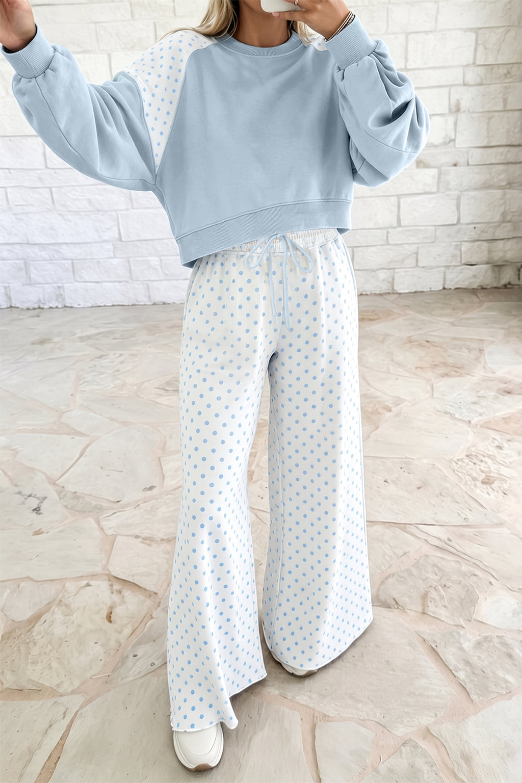 Polka dot patchwork colorblock long sleeve two-piece pants set by Dear-Lover with casual style, featuring vibrant patchwork designs.