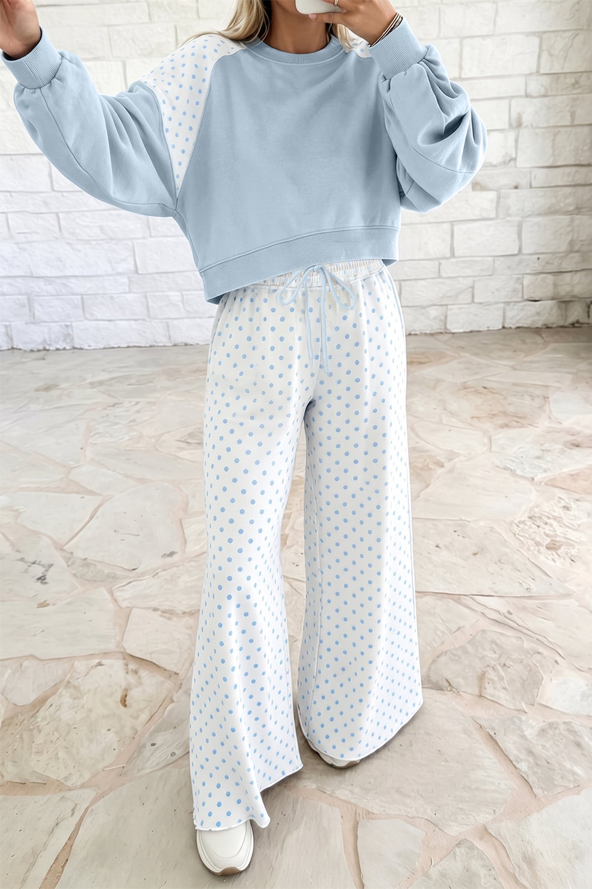 Polka dot patchwork colorblock long sleeve two-piece pants set by Dear-Lover with casual style, featuring vibrant patchwork designs.