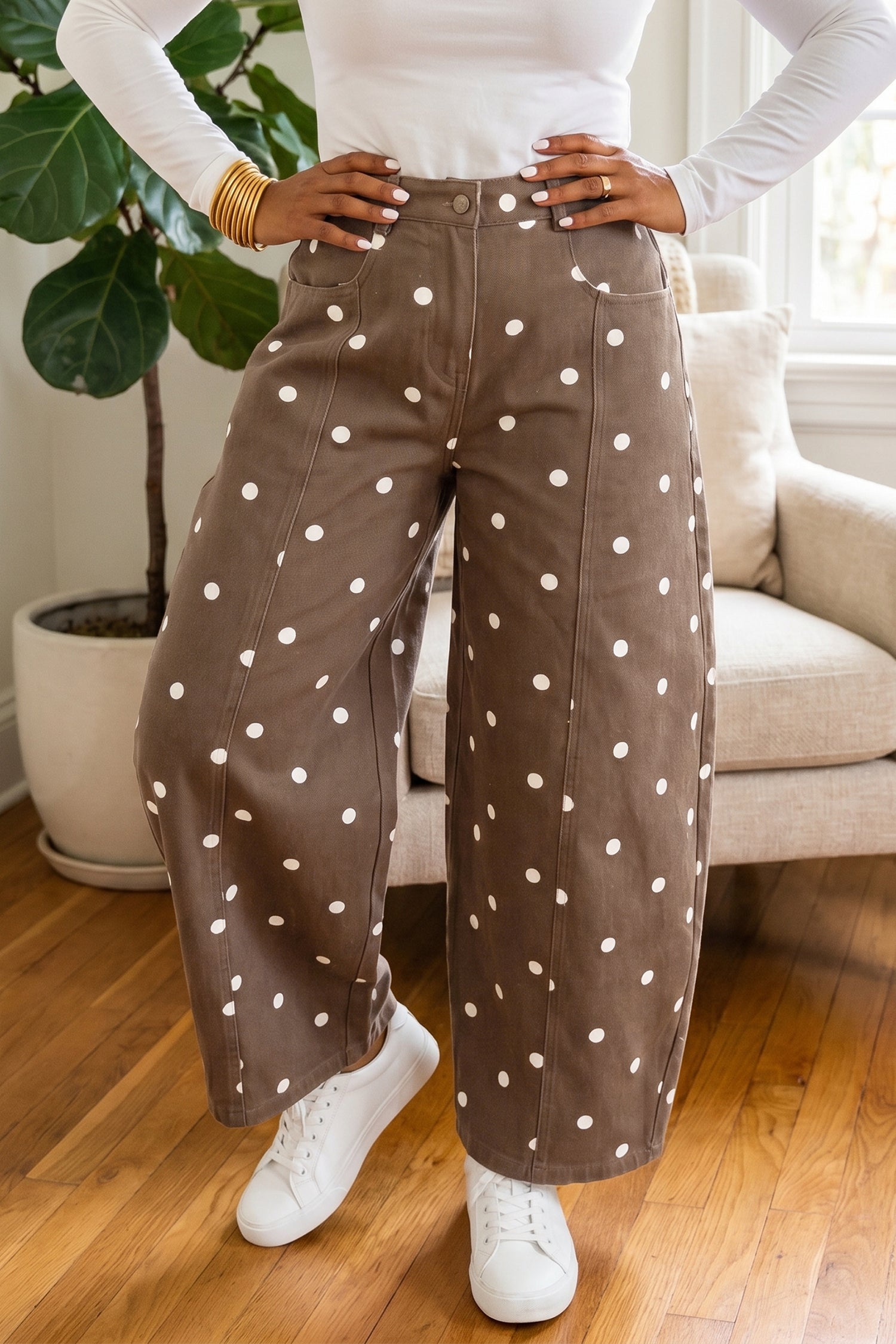 Brown Tailored Seam Polka Dot Print Barrel Casual Jeans