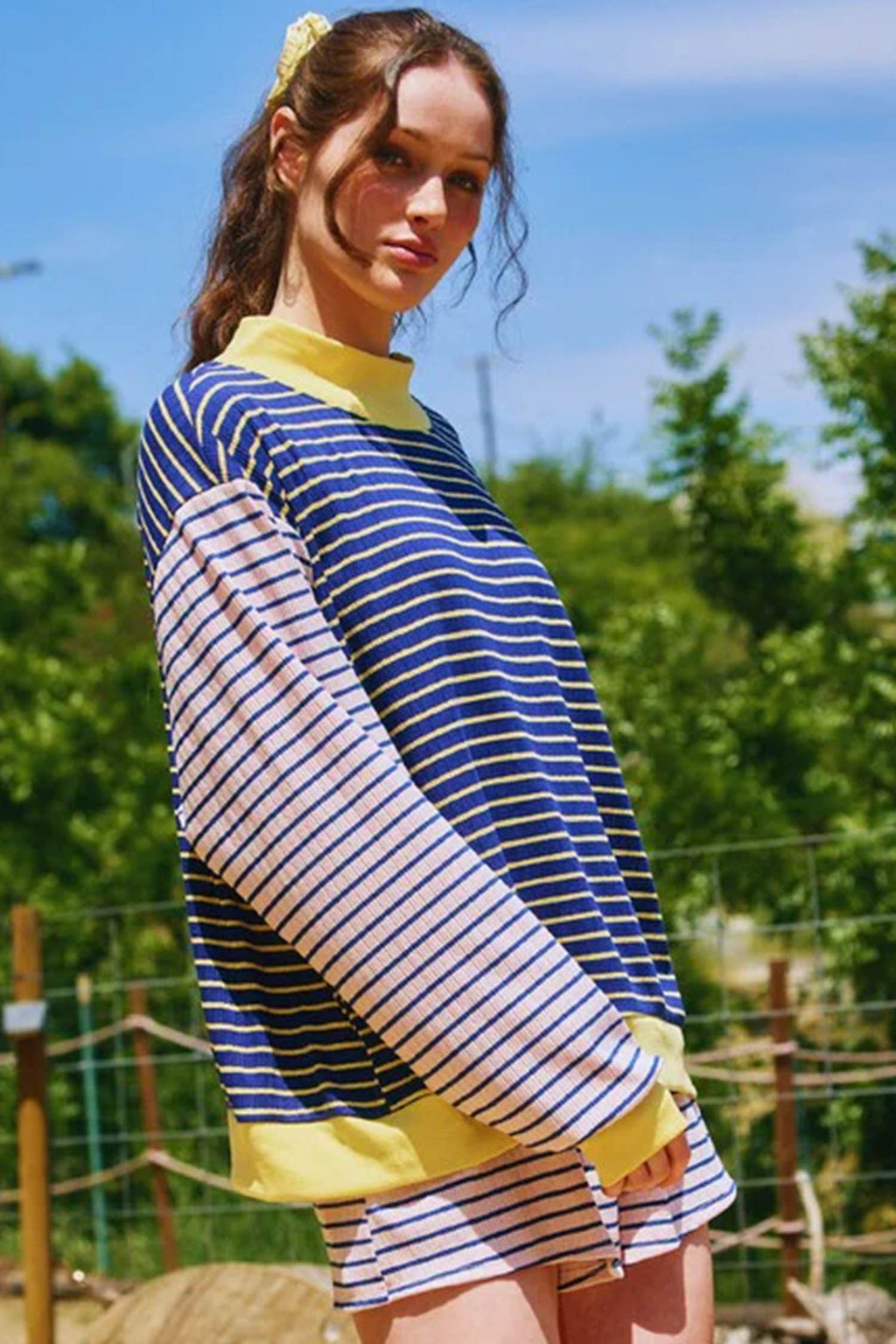 Blue Stripe Color Block Long Sleeve Pullover Ribbed Knit Casual Shorts Set