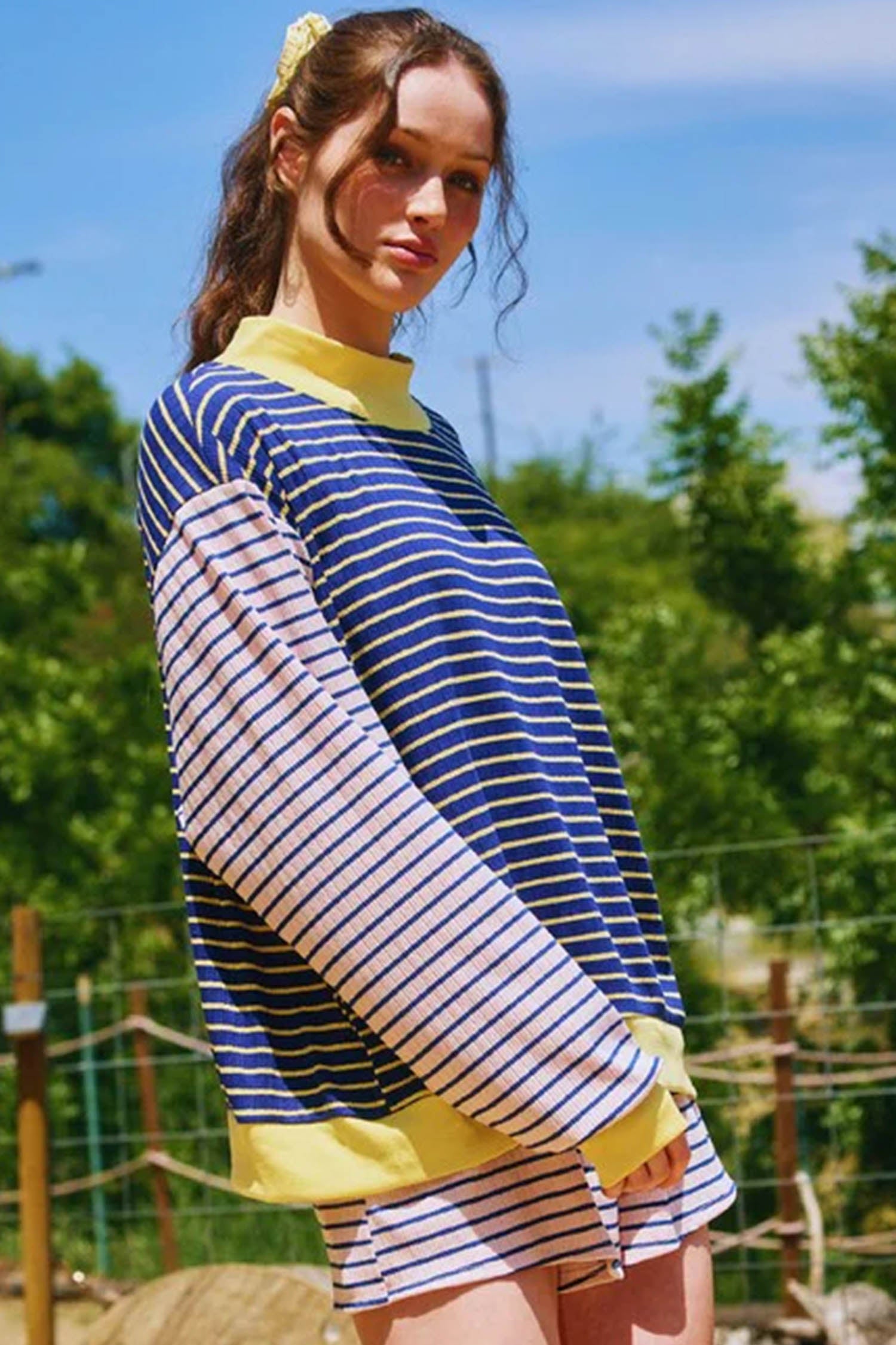 Blue Stripe Color Block Long Sleeve Pullover Ribbed Knit Casual Shorts Set