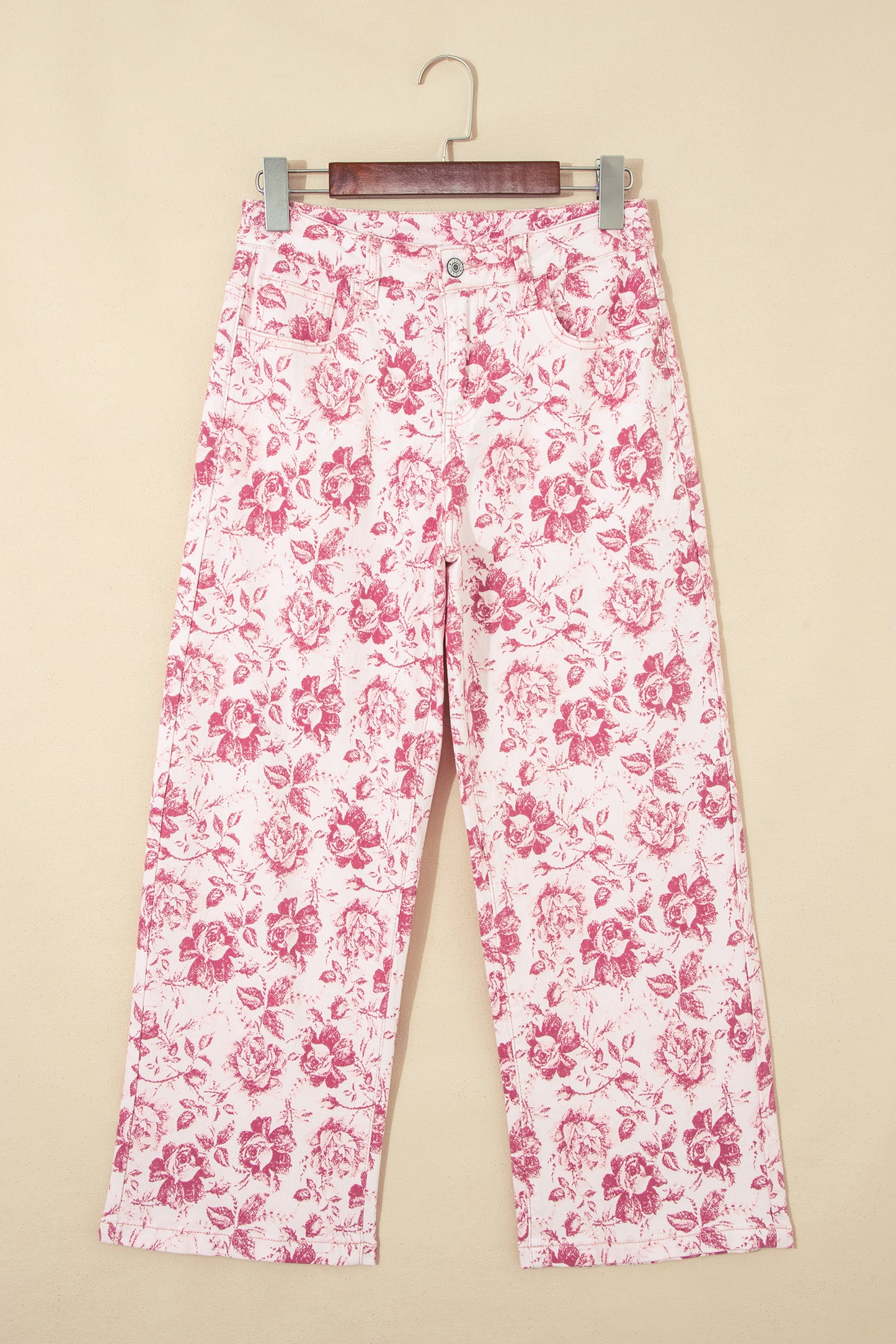 Pink Vintage Floral Print Denim Shift Pants