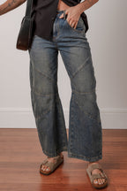 Sail Blue Exposed Stitching Loose Straight High Waist Barrel Jeans