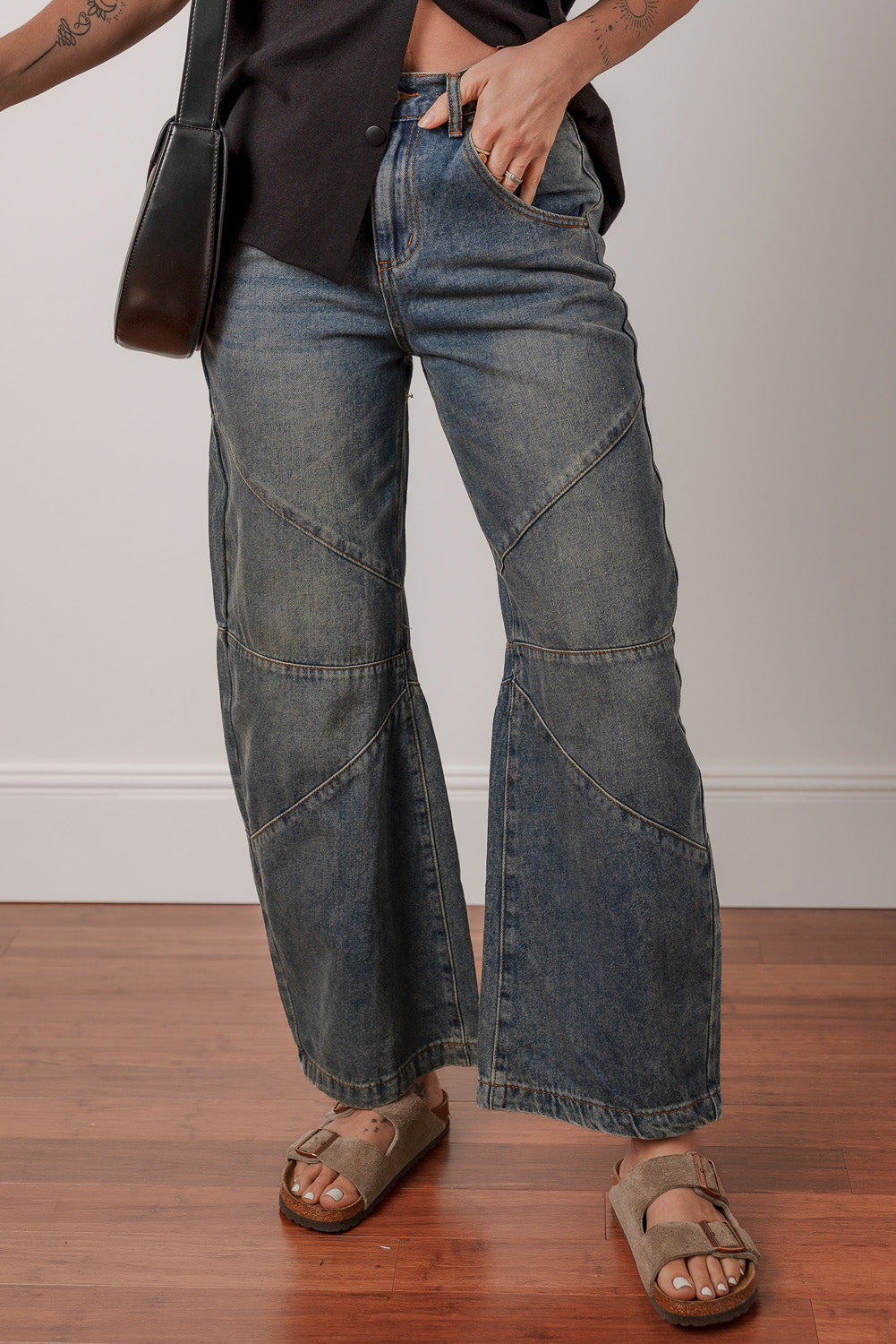 Sail Blue Exposed Stitching Loose Straight High Waist Barrel Jeans