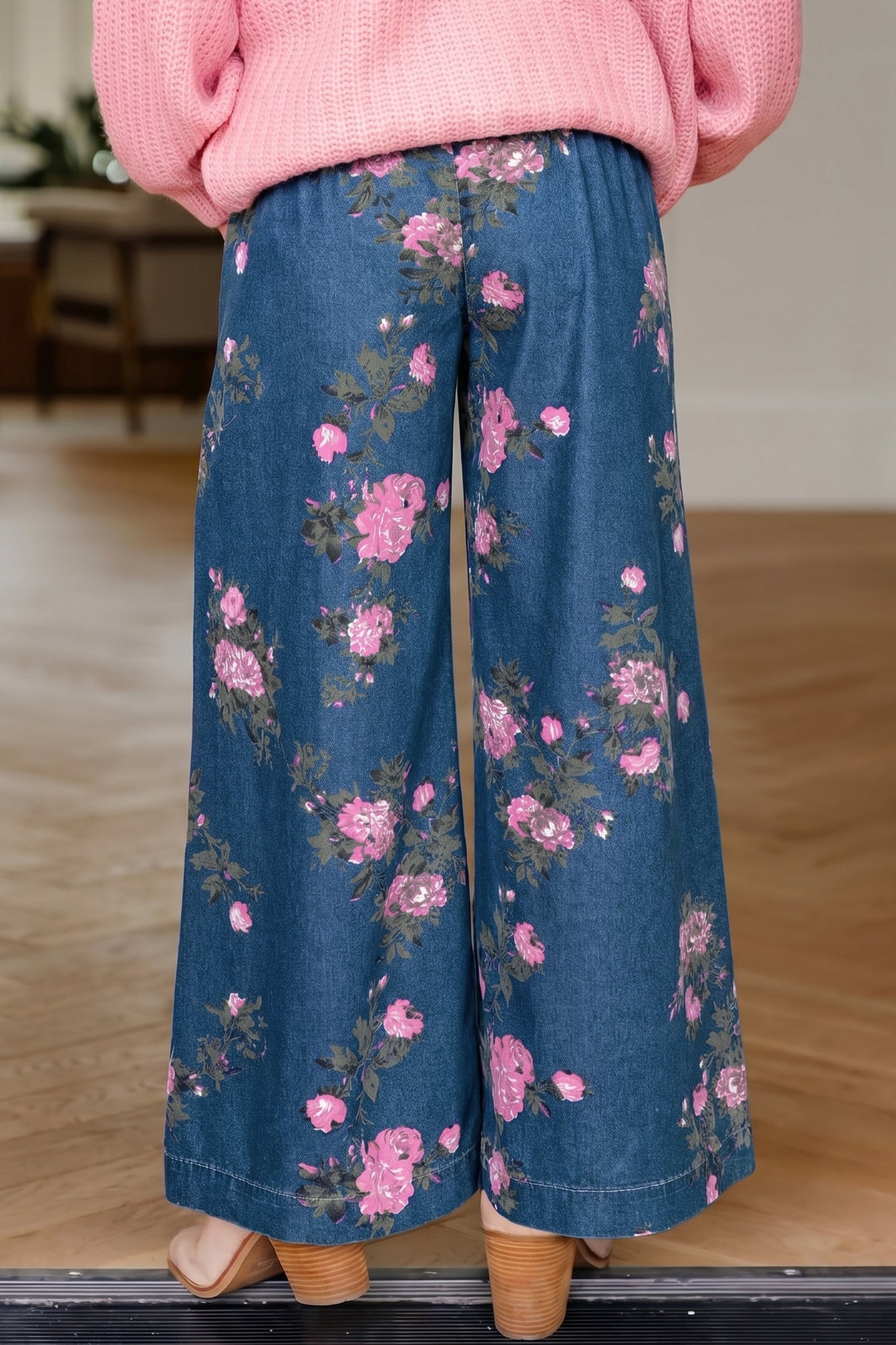 Blue Retro Floral Print Tie Elastic Waist Button Pintuck Wide Leg Jeans