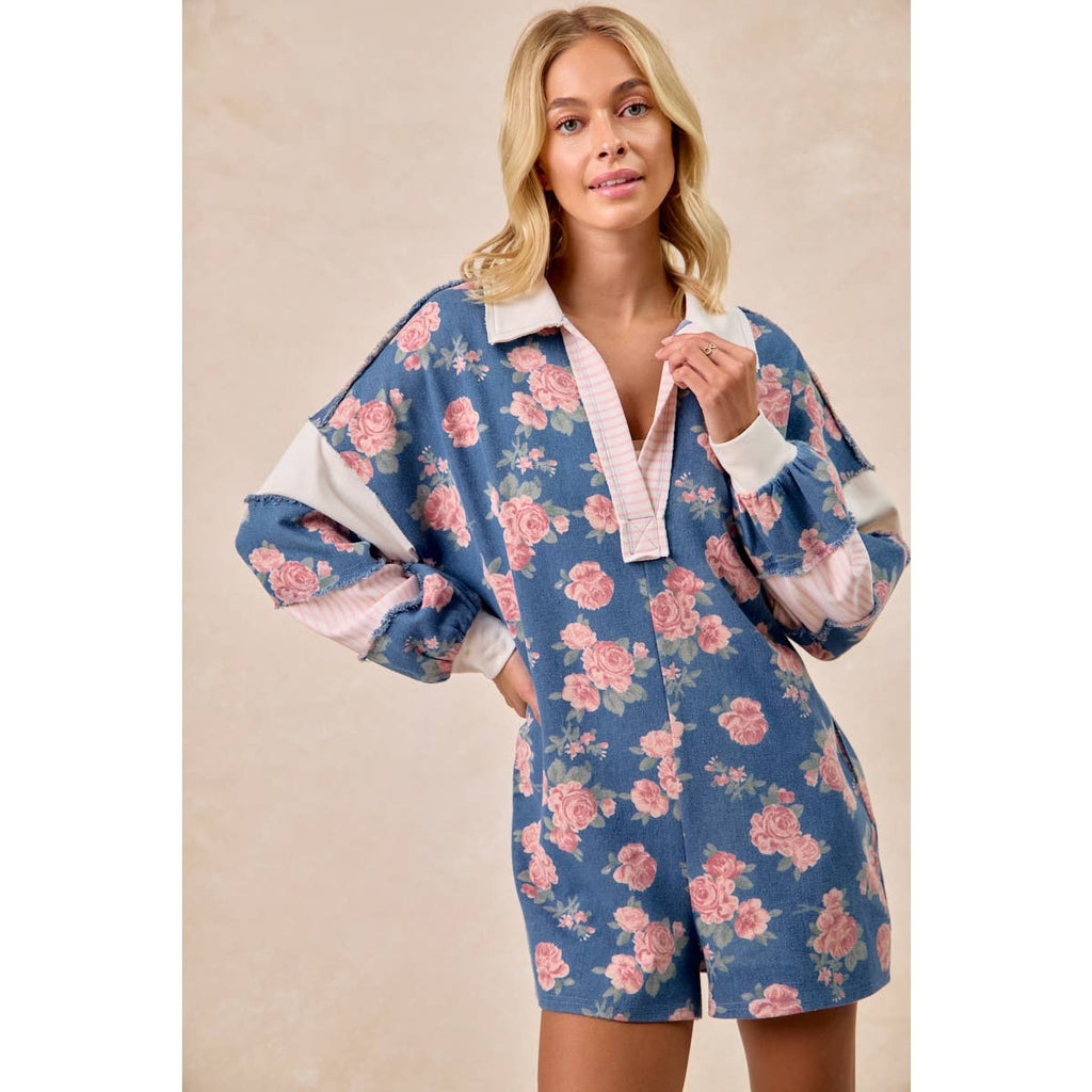WASHED FLORAL DENIM ROMPER WITH CONTRAST COLLAR