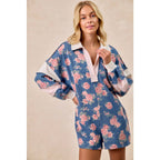 WASHED FLORAL DENIM ROMPER WITH CONTRAST COLLAR