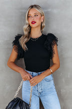 White Dotty Mesh Ruffle Sleeve Ribbed Knit Top