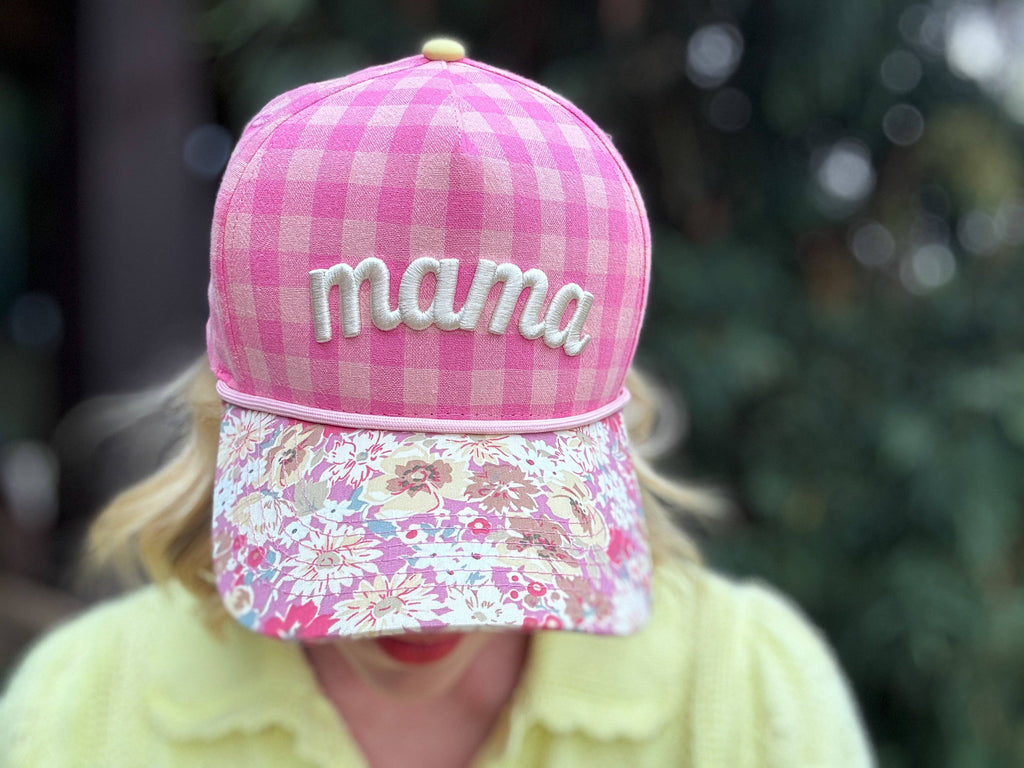 Embroidered Baseball Cap - "Mama" - Pink Gingham + Floral