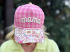 Embroidered Baseball Cap - "Mama" - Pink Gingham + Floral