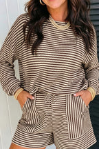 Brown Stripe Textured Knit Long Sleeve Top Elastic Waist Shorts Casual Outfit