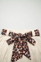 Oatmeal Leopard Contrast Sash Belt Pleated Wide Leg Shorts