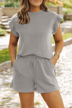 Textured Ruffle Split Top and Drawstring Shorts