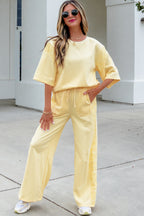 Lace Patchwork Half Sleeve Top Elastic Waist Pants Two Piece Set