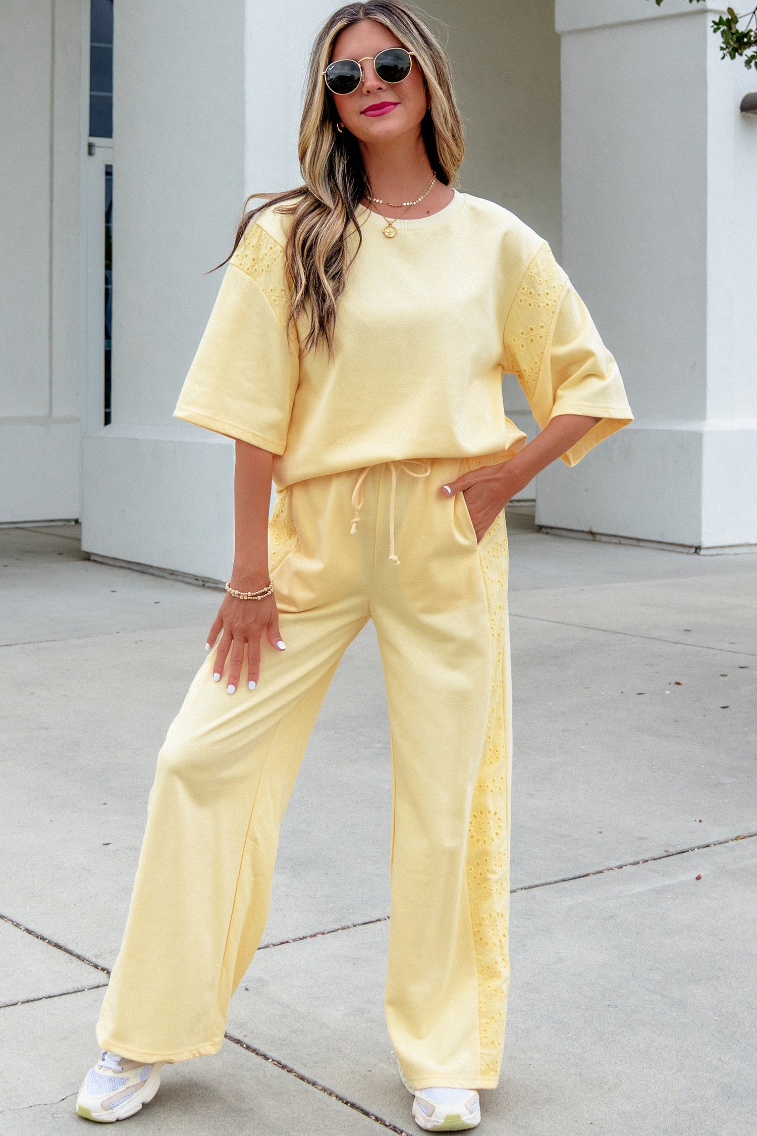 Lace Patchwork Half Sleeve Top Elastic Waist Pants Two Piece Set