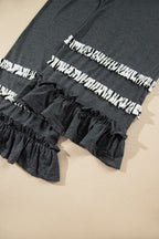 Gray Stripe V Neck Ruffle Contrast Sleeve Top Drawstring Pants 2pcs Set