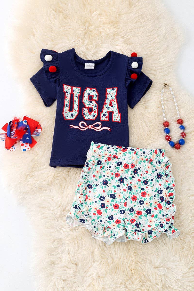 USA Floral applique navy blue top & floral bottoms. OFG50581 AMY
