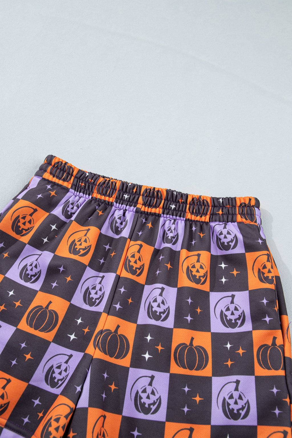 Orange Witch Letter Print Long Sleeve Top Checkered Elastic Waist Shorts Set