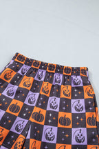 Orange Witch Letter Print Long Sleeve Top Checkered Elastic Waist Shorts Set