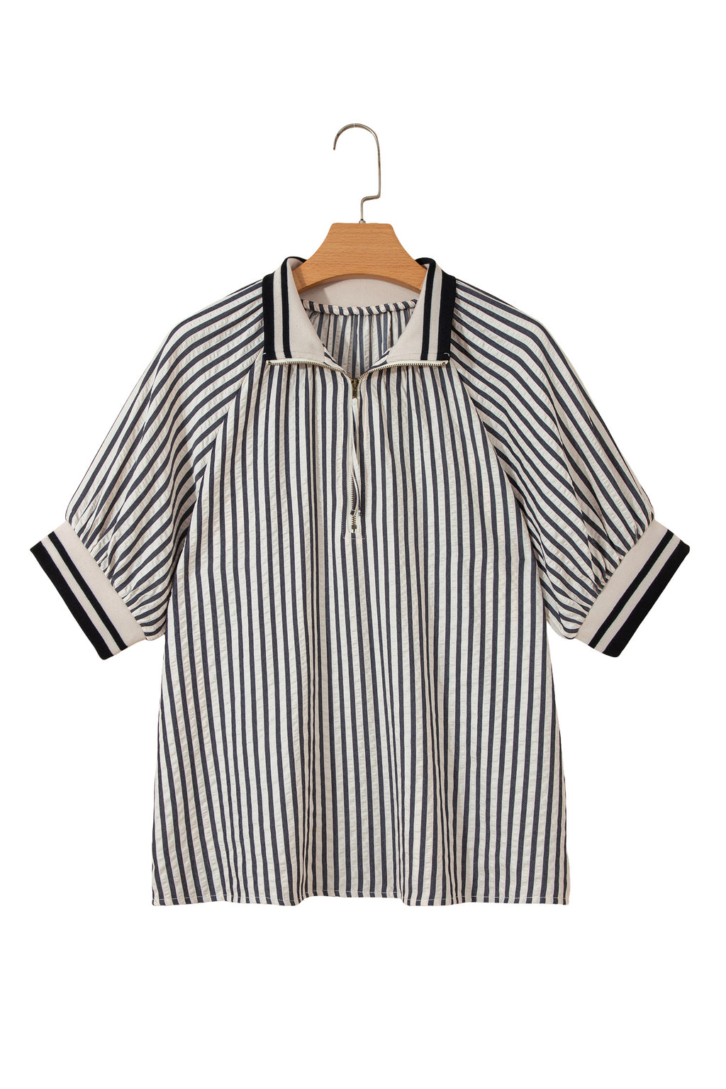 Black Stripe Polo Collar Half Zip Short Puff Sleeve Blouse