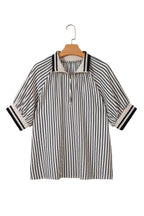 Black Stripe Polo Collar Half Zip Short Puff Sleeve Blouse