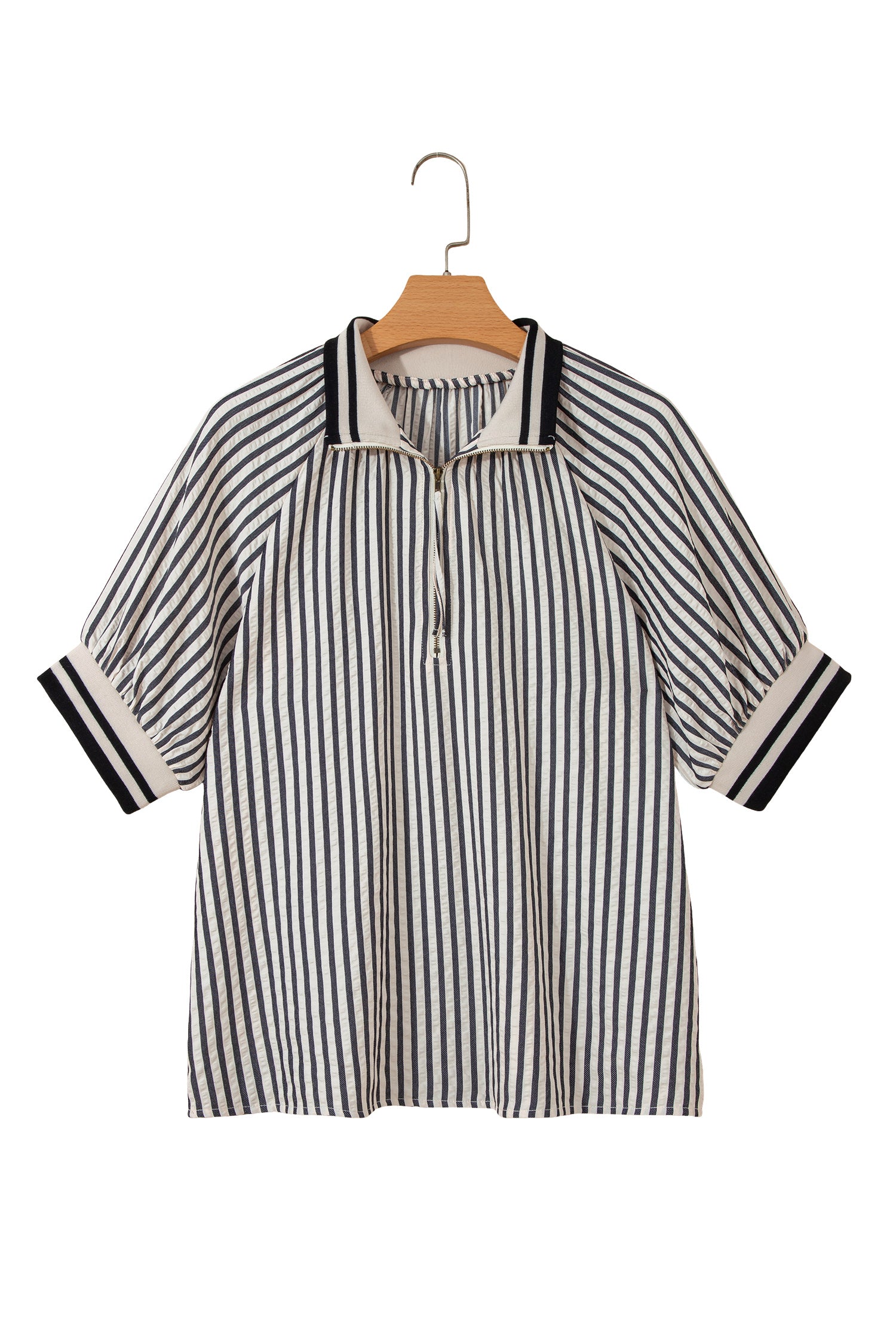Black Stripe Polo Collar Half Zip Short Puff Sleeve Blouse