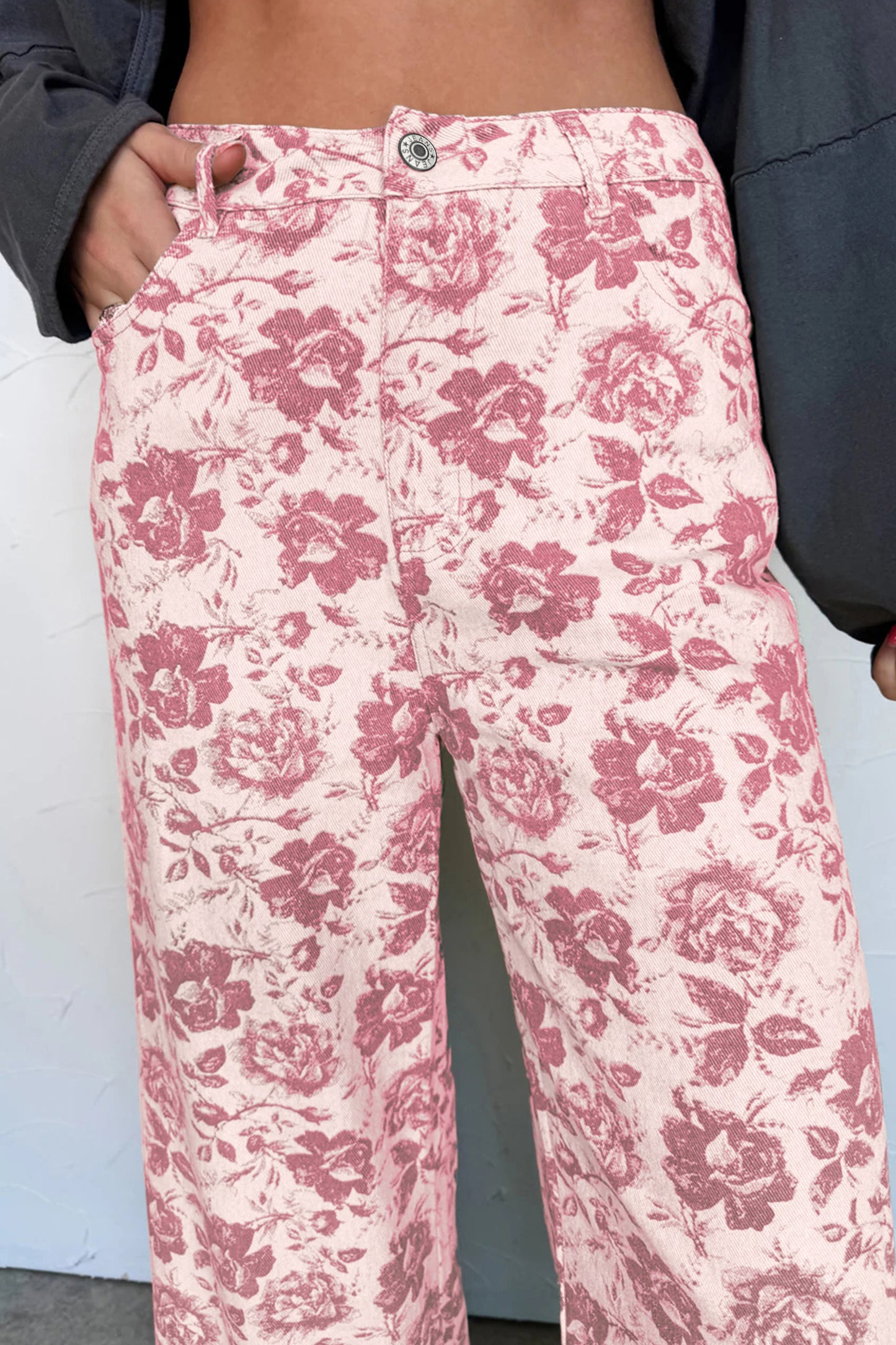 Pink Vintage Floral Print Denim Shift Pants