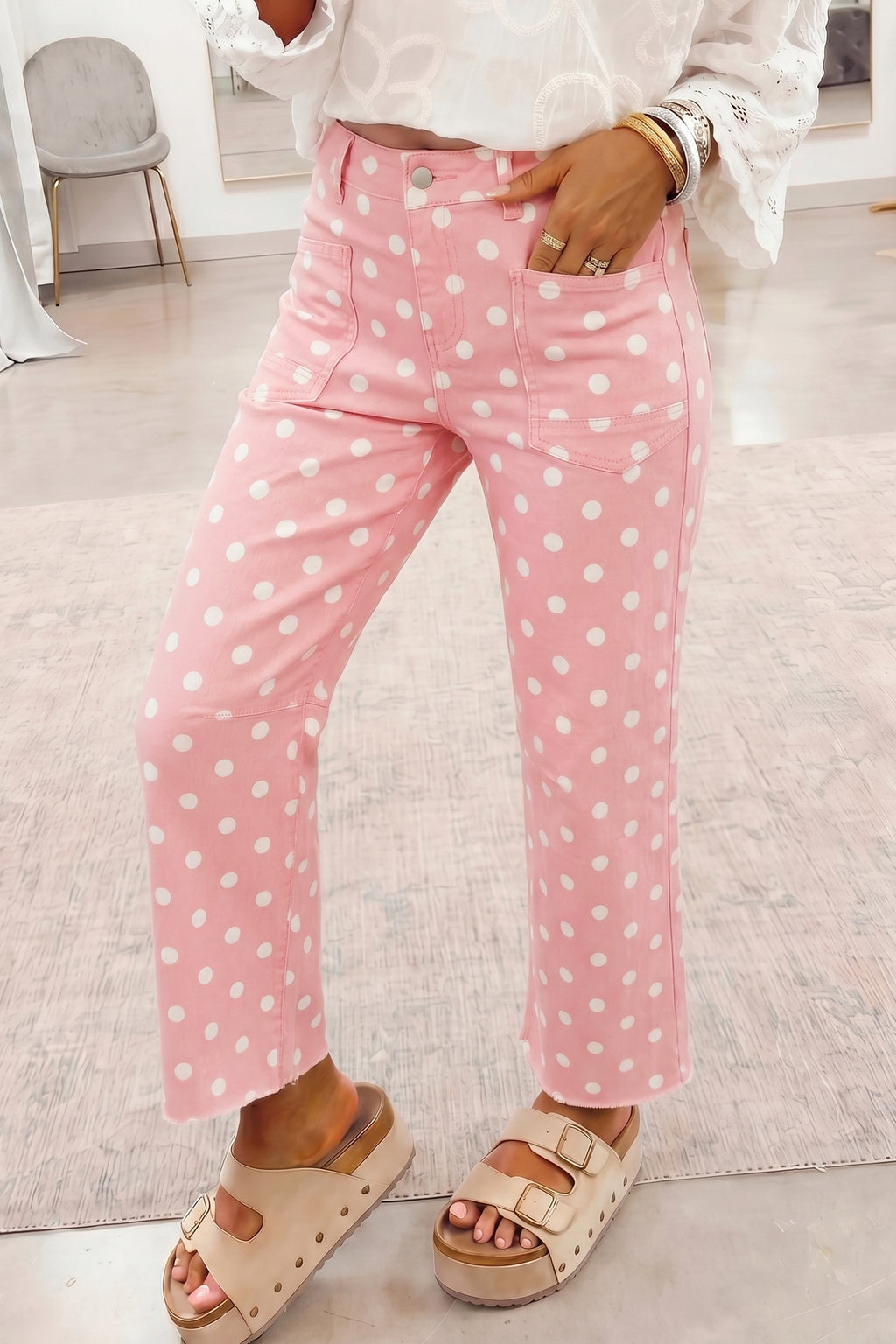 Pink Polka Dot Casual Slim Fit Jeans
