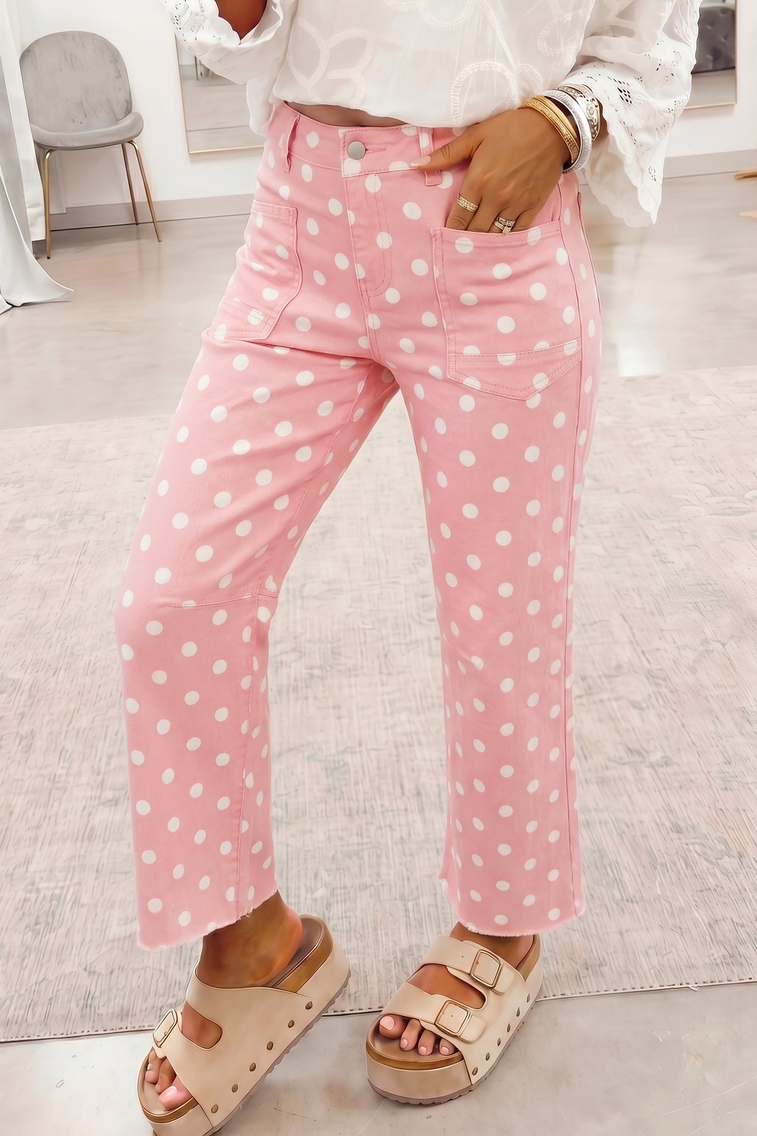 Pink Polka Dot Casual Slim Fit Jeans