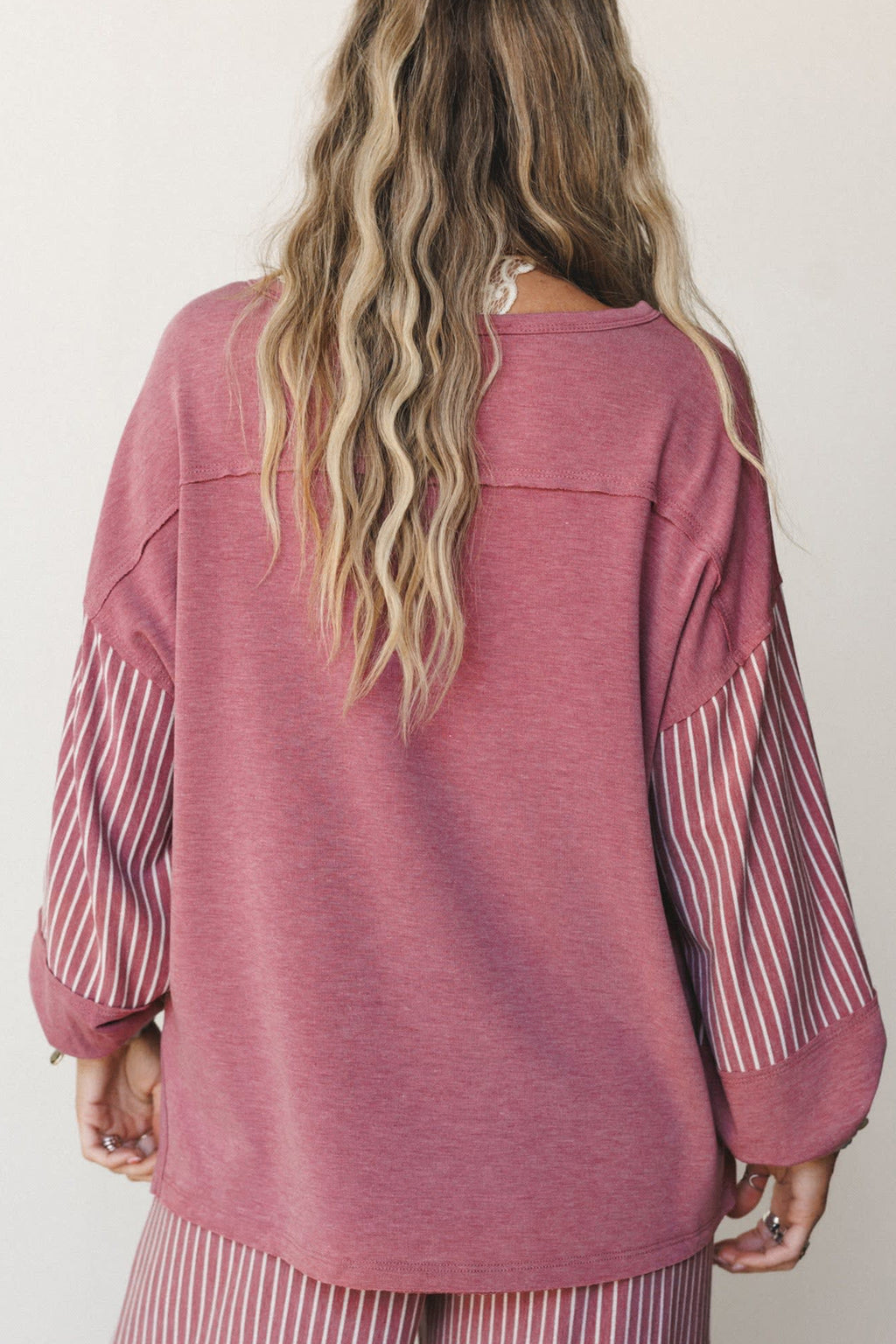 Raw seam patchwork long sleeve top and casual pants set with pockets, two-piece casual outfit by Dear-Lover Dropshipping.