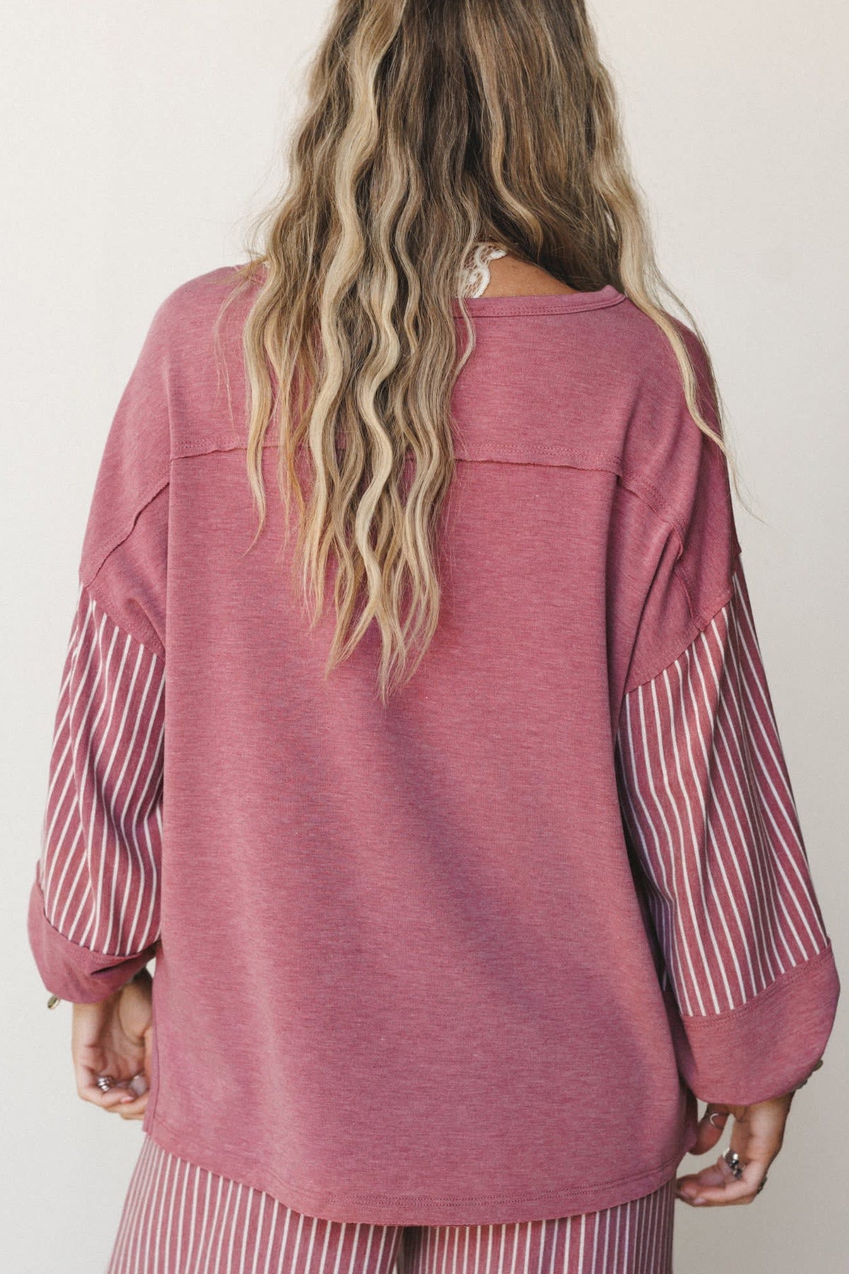 Raw seam patchwork long sleeve top and casual pants set with pockets, two-piece casual outfit by Dear-Lover Dropshipping.