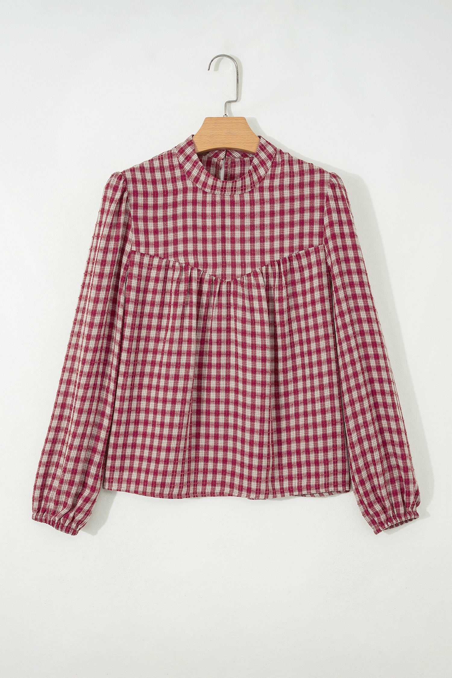 Coral Country Plaid Long Sleeve Button Keyhole Pleated Loose Blouse