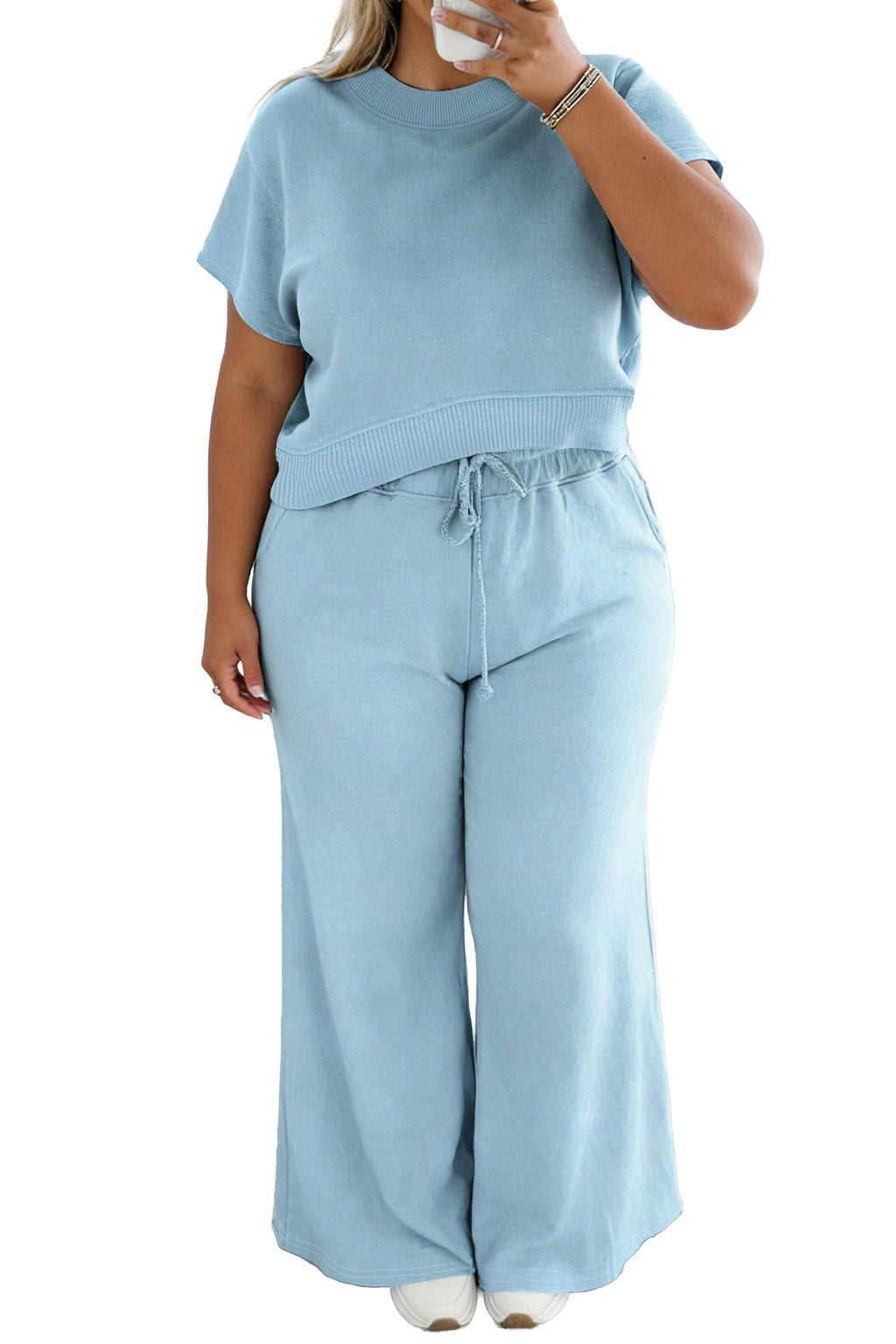Mist Blue Solid Color Ribbed Trim Short Sleeve Top Drawstring Loose Pants 2pcs Outfit