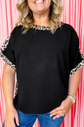 Black Plus Size Leopard Patchwork Round Neck Loose Tee