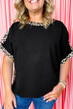 Black Plus Size Leopard Patchwork Round Neck Loose Tee