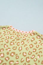 Pink Leopard Polka Dot Colorblock Trim Long Sleeve Top