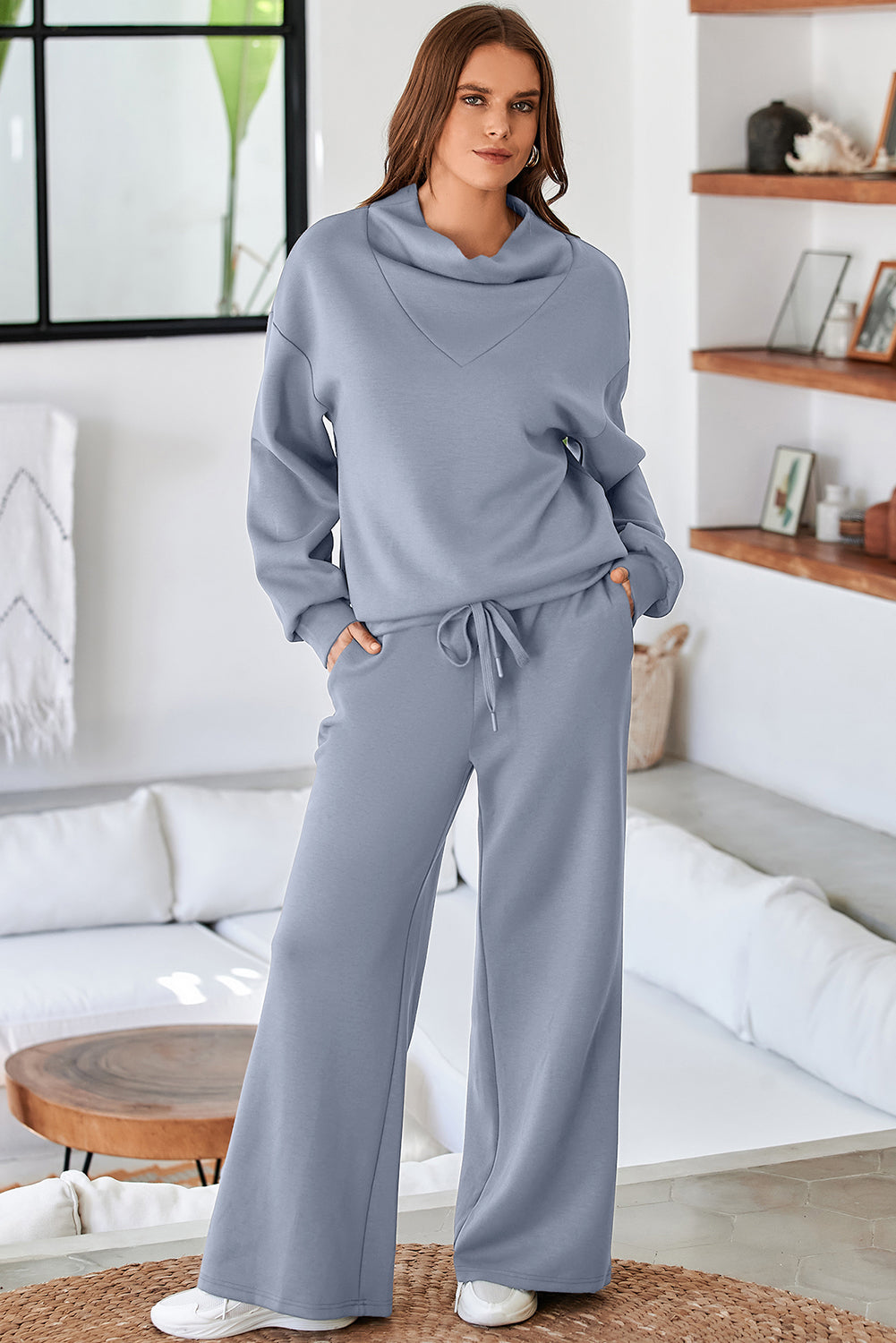 Solid color cowl neck drawstring pullover and wide-leg athleisure pants set by Dear-Lover, stylish and comfortable two-piece outfit.