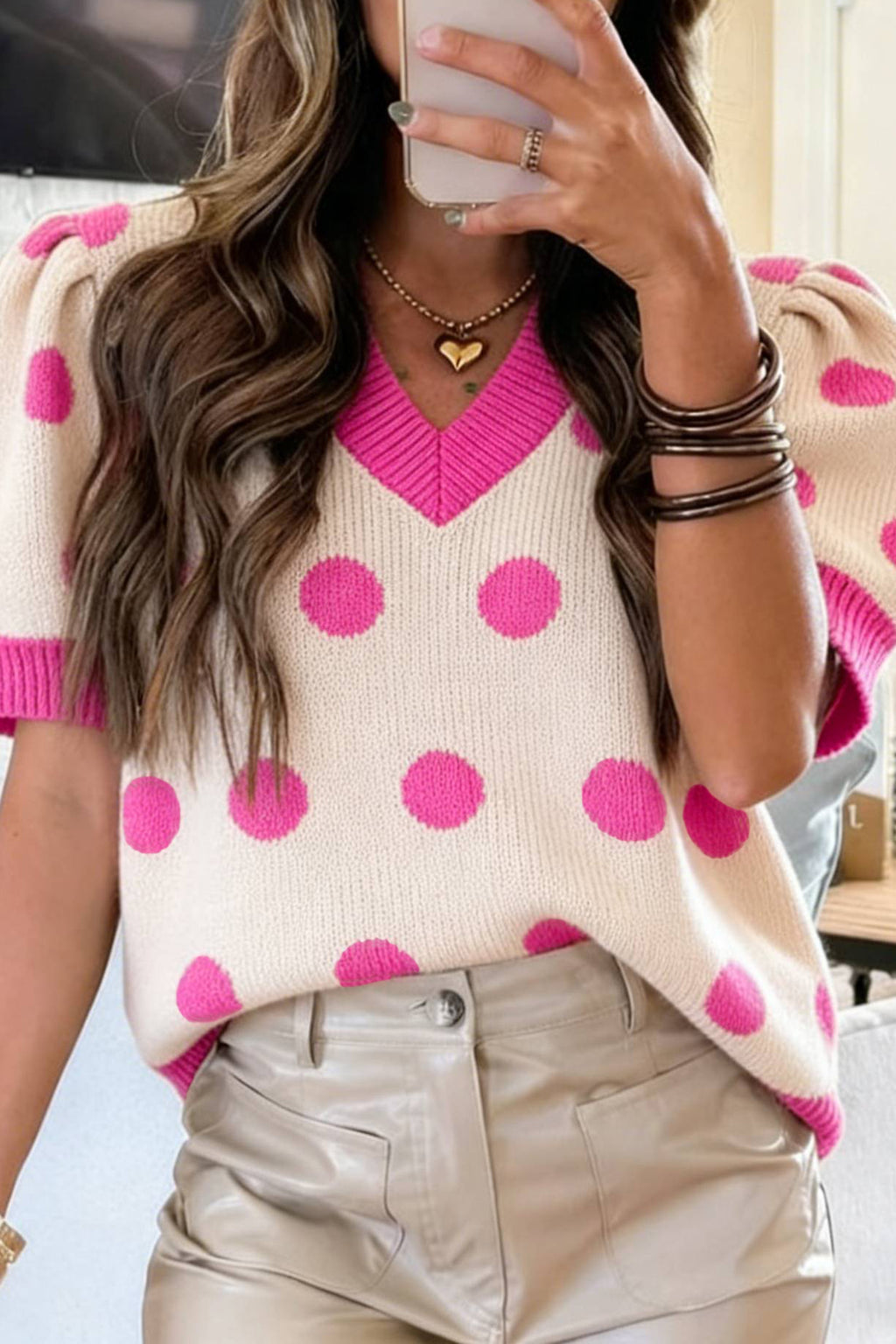 Rose Red Polka Dot Puff Short Sleeve Sweater Top