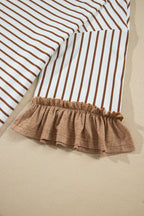 Gray Stripe V Neck Ruffle Contrast Sleeve Top Drawstring Pants 2pcs Set