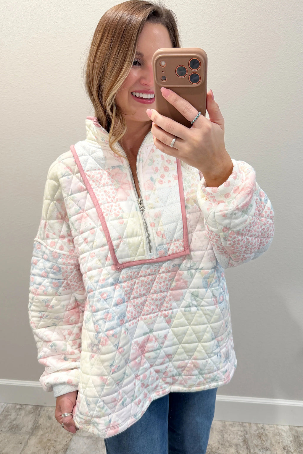 Multicolour Floral Quilted Metal Zipper Collar Long Sleeve Sweatshirt