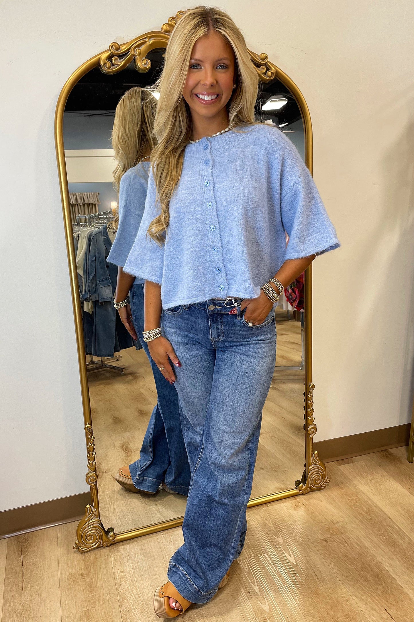 Peach Blossom 3/4 Sleeve Boxy Knit Button Down Sweater Cardigan