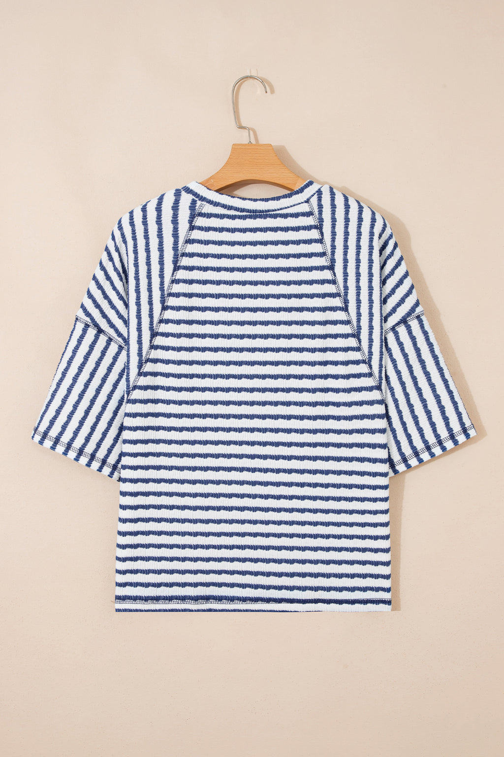 Pink Stripe Textured Knit Split Hem Half Sleeve Loose Top