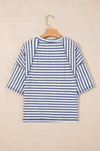 Pink Stripe Textured Knit Split Hem Half Sleeve Loose Top