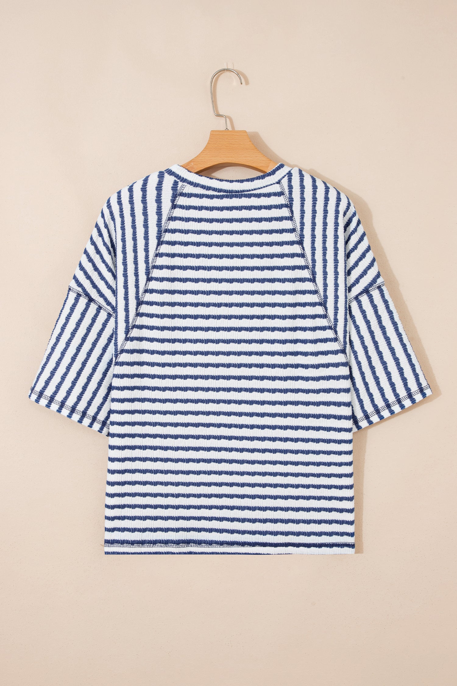 Pink Stripe Textured Knit Split Hem Half Sleeve Loose Top