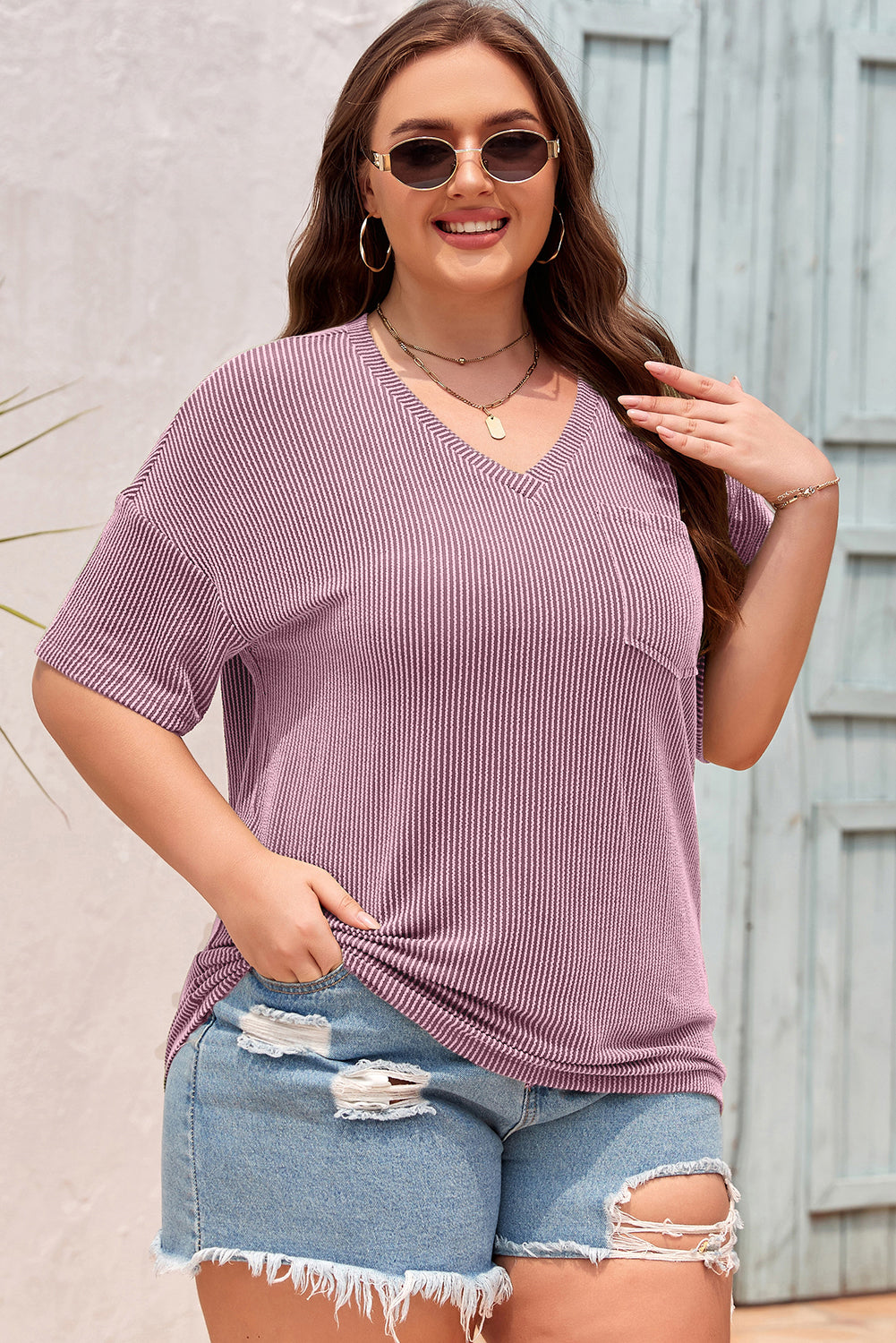 White Textured V-Neck Dropped Shoulder Plus T-Shirt