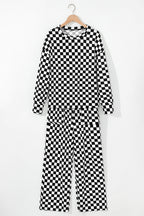 Black Checkered Print Long Sleeve Top and Pants Lounge Set