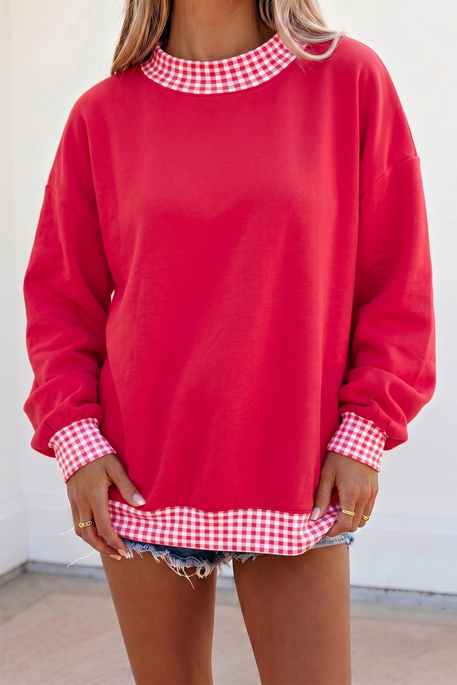 Racing Red Colorblock Polka Dot Contrast Trim Oversized Sweatshirt