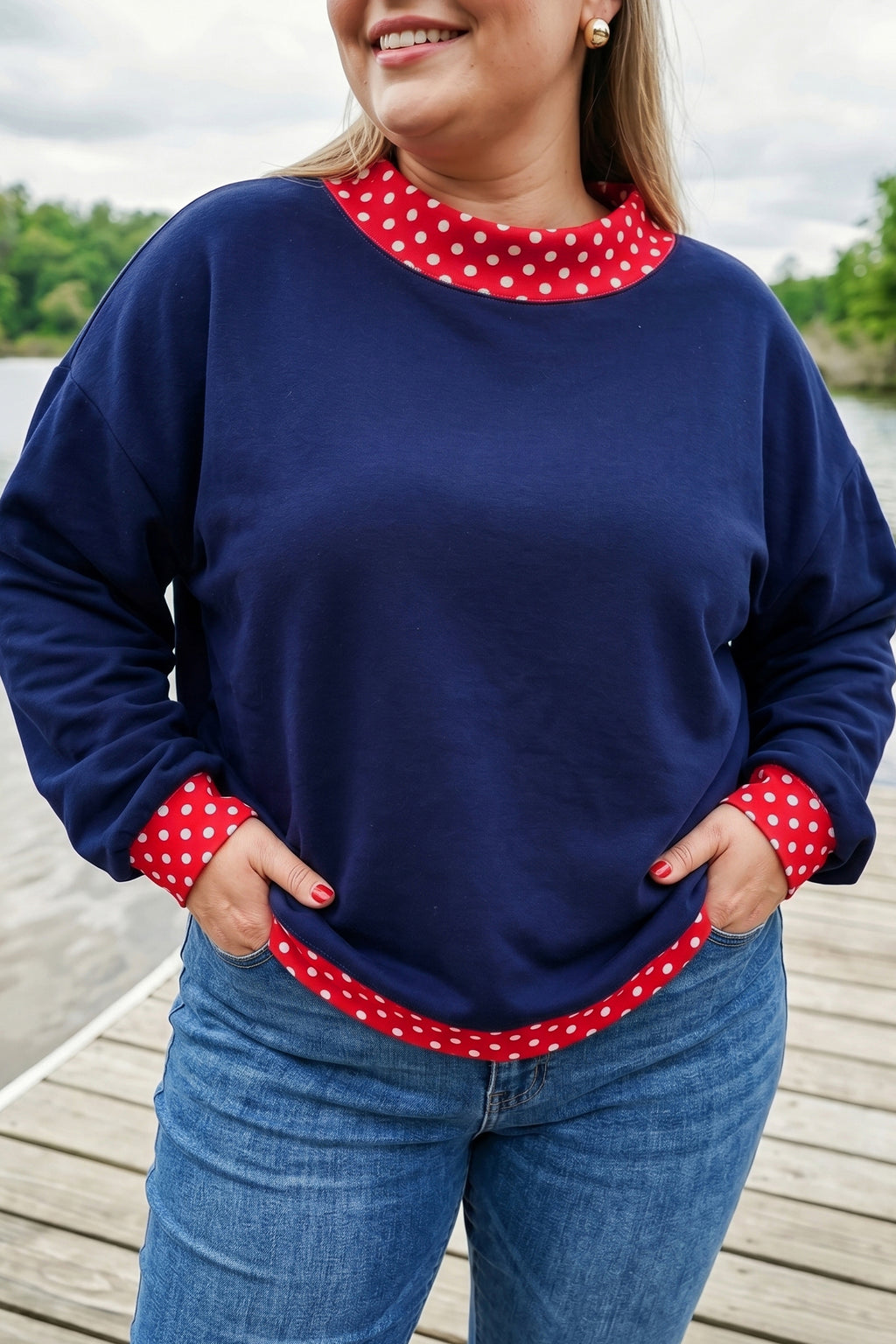 Polka Dot Patchwork Round Neck Plus Size Sweatshirt